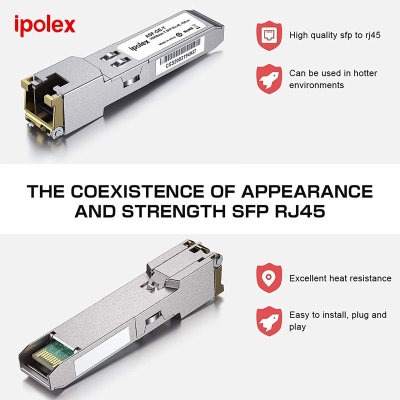 ipolex محول الإيثرنت النحاسي iPolex Gigabit SFP إلى RJ45 1000Base-T، وحدة SFP-T نحاسية 1.25G، لـ Ubiquiti UniFi UF-RJ45-1G/UACC-CM-RJ45-1G، Cisco، Mikrotik، Netgear، TP-Link، والمزيد (CAT5e/6، 100م) - Image 2